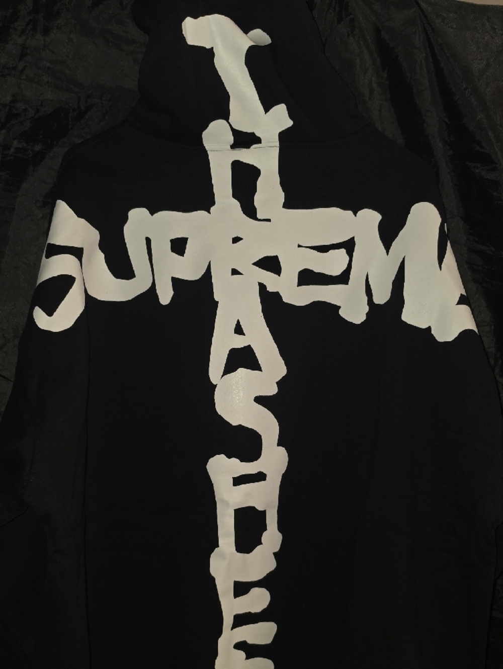 Supreme x Thrasher Zip Up Hooded Sweatshirt in black, featuring a cross graphic